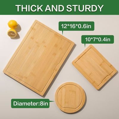 Conjunto de 3 tablas de cortar de madera con ranuras de jugo y asas laterales de diferentes formas
