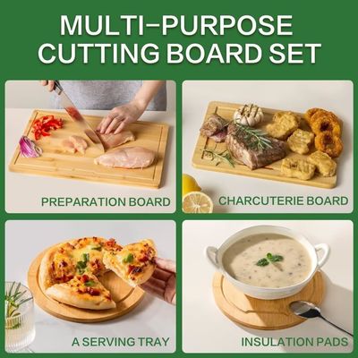 Conjunto de 3 tablas de cortar de madera con ranuras de jugo y asas laterales de diferentes formas