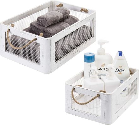 Caja de almacenamiento de madera blanca de época multifuncional con asas y paneles laterales de alambre de malla