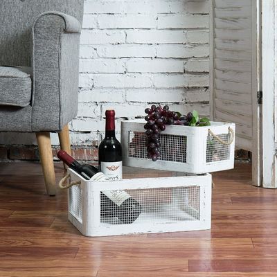 Caja de almacenamiento de madera blanca de época multifuncional con asas y paneles laterales de alambre de malla