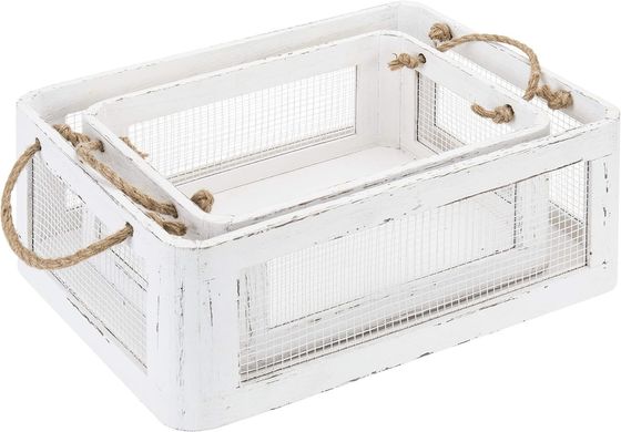 Caja de almacenamiento de madera blanca de época multifuncional con asas y paneles laterales de alambre de malla