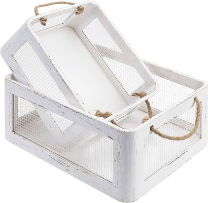 Caja de almacenamiento de madera blanca de época multifuncional con asas y paneles laterales de alambre de malla