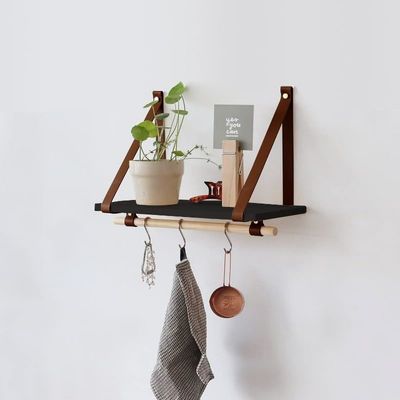 Como su pedido 45X20 Negro Pu Marrón Cuero Correa Pared Estante flotante Estante de madera Moderno