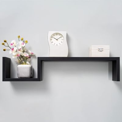 Diseño de forma S Decoración negra Estantes flotantes de madera Estantes de pared para el dormitorio
