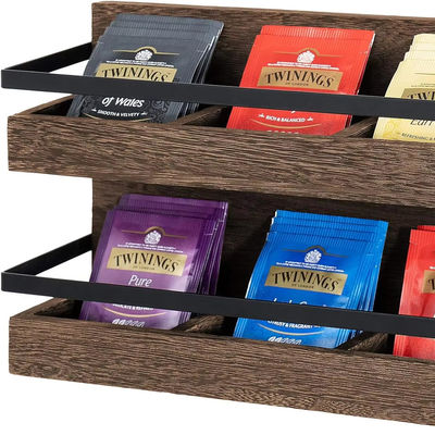 Bolsas de té de madera rústica de 2 niveles soporte montado en la pared caja de té para condimentos de café mostrador estante estante de té
