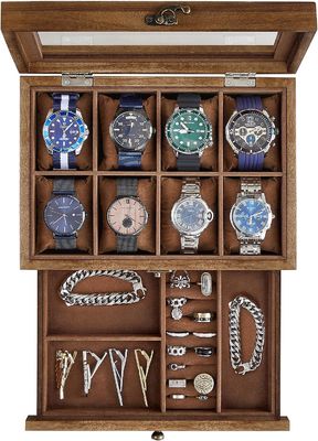 Cuadro de relojes rústicos de madera de nuez de 8 ranuras hechos a mano con tapa de vidrio grande