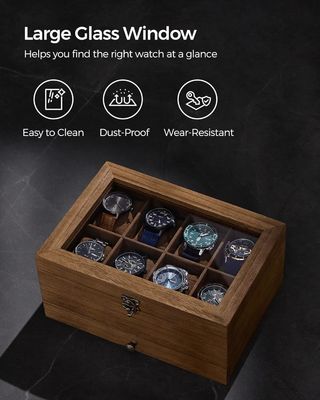 Cuadro de relojes rústicos de madera de nuez de 8 ranuras hechos a mano con tapa de vidrio grande