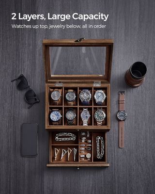 Cuadro de relojes rústicos de madera de nuez de 8 ranuras hechos a mano con tapa de vidrio grande