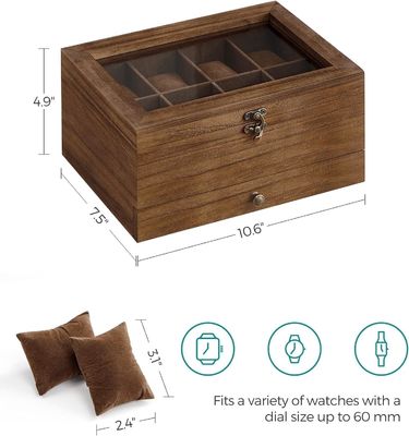 Cuadro de relojes rústicos de madera de nuez de 8 ranuras hechos a mano con tapa de vidrio grande
