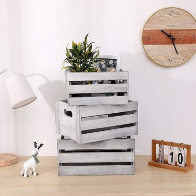 Caja de exhibición rústica de madera blanca Conjunto de 3 cajas de almacenamiento decorativas de pino NO plegable