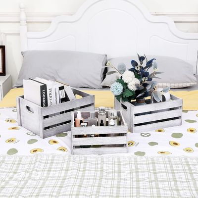 Caja de exhibición rústica de madera blanca Conjunto de 3 cajas de almacenamiento decorativas de pino NO plegable