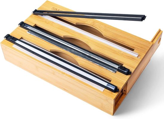 Cortador de diapositivas organizador de cajones de cocina bambú 3 en 1 papel y plástico Cling Wrap Dispenser