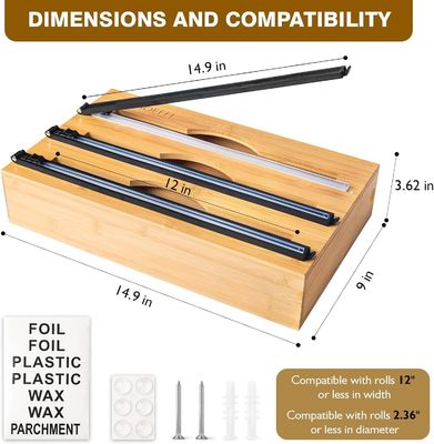 Cortador de diapositivas organizador de cajones de cocina bambú 3 en 1 papel y plástico Cling Wrap Dispenser