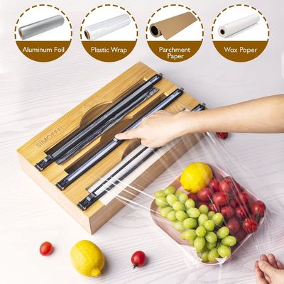 Cortador de diapositivas organizador de cajones de cocina bambú 3 en 1 papel y plástico Cling Wrap Dispenser