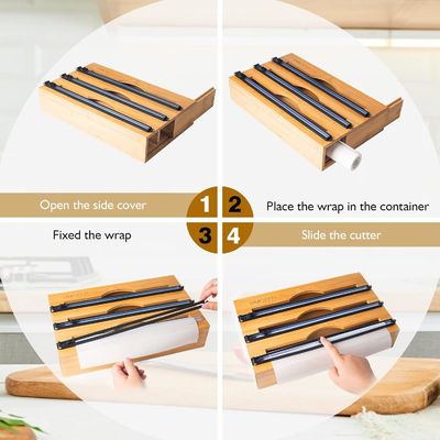 Cortador de diapositivas organizador de cajones de cocina bambú 3 en 1 papel y plástico Cling Wrap Dispenser