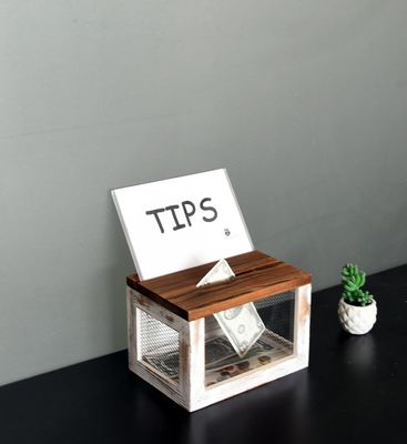 Diseño de rejilla de alambre Panel acrílico de madera de pino Caja de recolección de donaciones de boletas de votación para vajilla