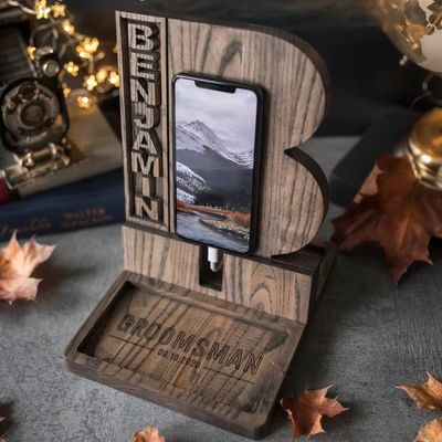 Estand de teléfono de madera para regalos personalizados de aniversario estilo rústico Estación de acoplamiento de madera