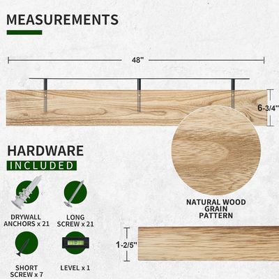 Estante de pared de 48 pulgadas Conjunto de 2 estanterías de madera rústica para almacenamiento en pared en la pantalla del baño
