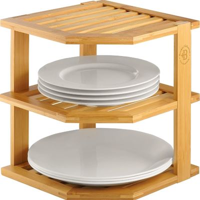 Organizador de estantes de placas de cocina de madera para gabinete ahorrando espacio Organizador de esquina de madera