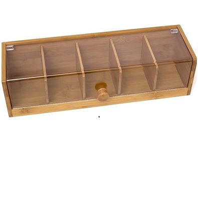 Servicio personalizado 14 X 5 X 3 pulgadas 5 secciones caja de té de madera de bambú acrílico en color plano