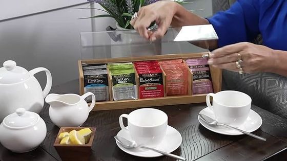 Servicio personalizado 14 X 5 X 3 pulgadas 5 secciones caja de té de madera de bambú acrílico en color plano