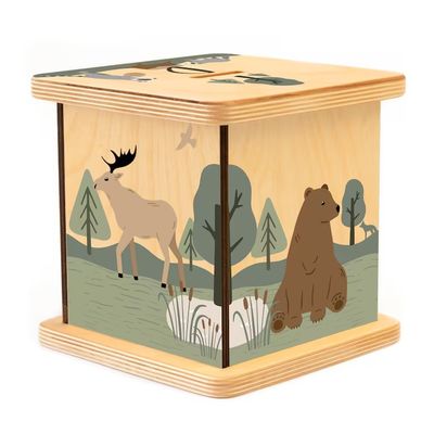 Banco de cerdo de madera en color claro con diseño de animales de bosque personalizable