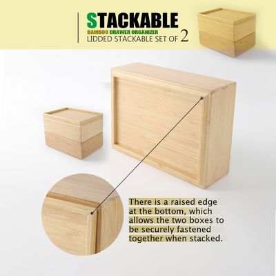 Paquete de regalo Conjunto de 2 10.2X7.3 pulgadas empilable cajón de bambú organizador de la caja de almacenamiento laminada bandeja