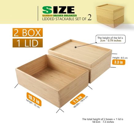Paquete de regalo Conjunto de 2 10.2X7.3 pulgadas empilable cajón de bambú organizador de la caja de almacenamiento laminada bandeja