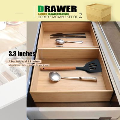 Paquete de regalo Conjunto de 2 10.2X7.3 pulgadas empilable cajón de bambú organizador de la caja de almacenamiento laminada bandeja