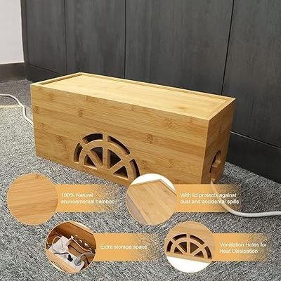 Relieve de madera magnética grande pequeño organizador de cable de bambú caja de gestión de cable para el hogar