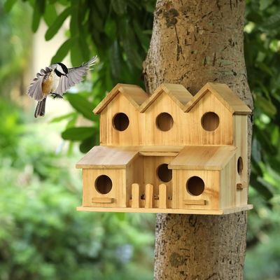 Casa de pájaros de madera hecha a mano con 8 agujeros estilo tapa corredera Color de madera de abedul sin terminar