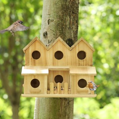 Casa de pájaros de madera hecha a mano con 8 agujeros estilo tapa corredera Color de madera de abedul sin terminar