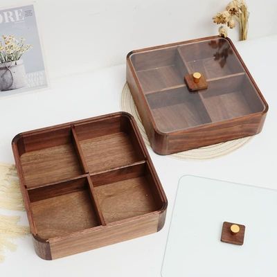 Plato de fruta de madera de doble capa con cubierta transparente Caja de fruta seca de madera de color marrón