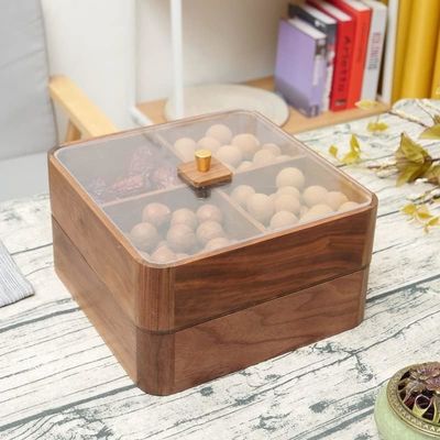 Plato de fruta de madera de doble capa con cubierta transparente Caja de fruta seca de madera de color marrón