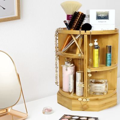 202407 Estantes y cajones ajustables Bambú maquillaje giratorio organizador artículos para el hogar