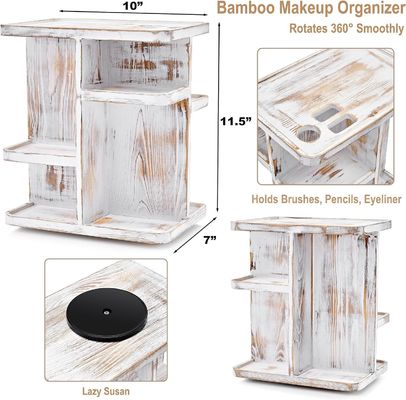 Organizador de maquillaje de carrusel giratorio para cosméticos y cuidado de la piel en madera blanca rústica personalizada