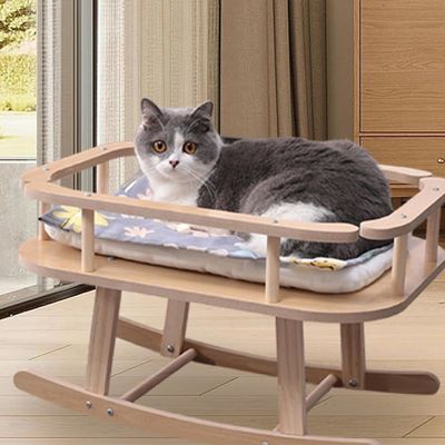 Cama de gato y perro de madera portátil Cama elevada para mascotas silla giratoria para relajarse