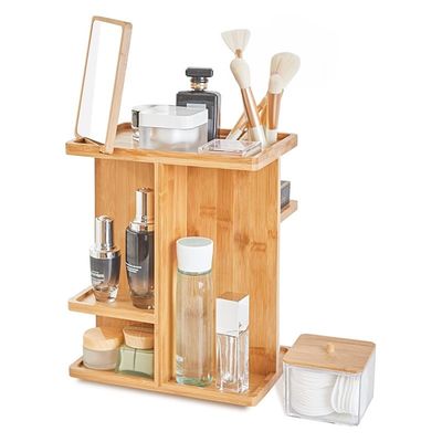Organizador de maquillaje y almacenamiento de cuidado de la piel de madera tallada de bambú para una vanidad libre de desorden