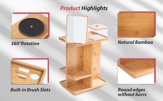 Organizador de maquillaje y almacenamiento de cuidado de la piel de madera tallada de bambú para una vanidad libre de desorden