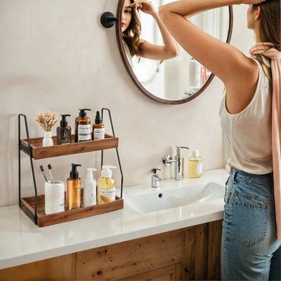 Sí organizador de baño de 2 niveles de acacia Estante de almacenamiento de madera para la cocina del baño