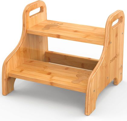 202406 Torre de aprendizaje de bambú Taburete de 2 pasos de madera con seguridad adicional Alfombras antideslizantes y asas reforzadas para artesanías de regalos