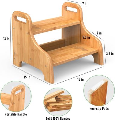 202406 Torre de aprendizaje de bambú Taburete de 2 pasos de madera con seguridad adicional Alfombras antideslizantes y asas reforzadas para artesanías de regalos