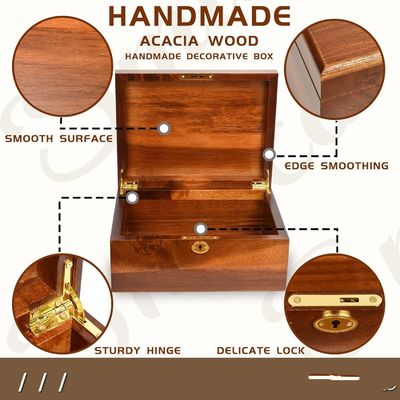 Caja de almacenamiento de madera sólida de acacia hecha a mano con tapa con bisagra ideal para el embalaje de regalos