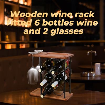 Estante de vino de mesa de madera en relieve con bandeja hecha a mano contiene 6 botellas y 2 vasos