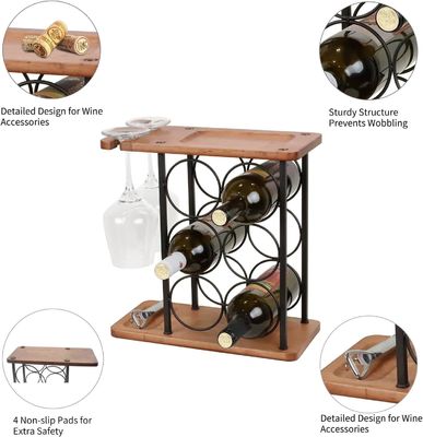 Estante de vino de mesa de madera en relieve con bandeja hecha a mano contiene 6 botellas y 2 vasos