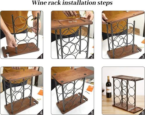 Estante de vino de mesa de madera en relieve con bandeja hecha a mano contiene 6 botellas y 2 vasos