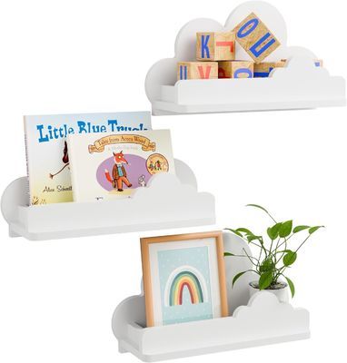 Estante de libros de madera hecha a mano Nube blanca Estante decorativo de pared montado Estante con figura pequeña