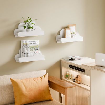 Estante de libros de madera hecha a mano Nube blanca Estante decorativo de pared montado Estante con figura pequeña