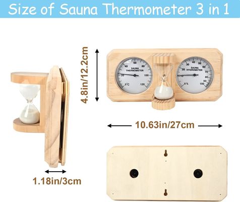 Diseño moderno 3 en 1 termómetro de sauna de madera e higrómetro con temporizador de arena de reloj de arena de 15 minutos