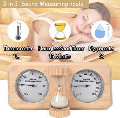Diseño moderno 3 en 1 termómetro de sauna de madera e higrómetro con temporizador de arena de reloj de arena de 15 minutos